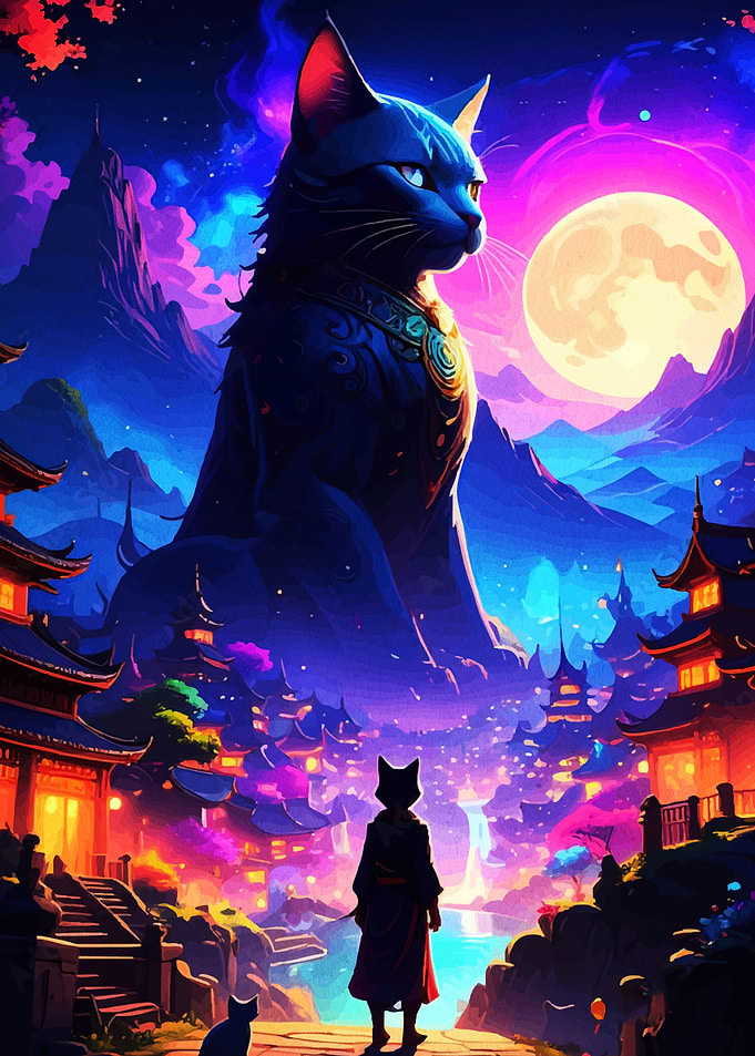 Giant Cat Overlooking Japanese Cityscape