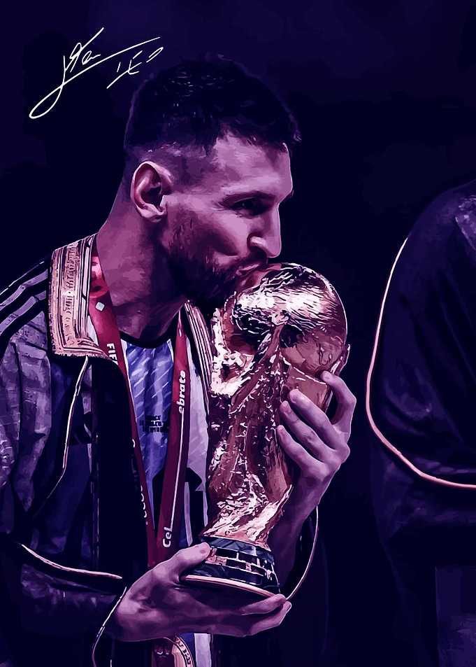 Lionel Messi kissing World Cup trophy