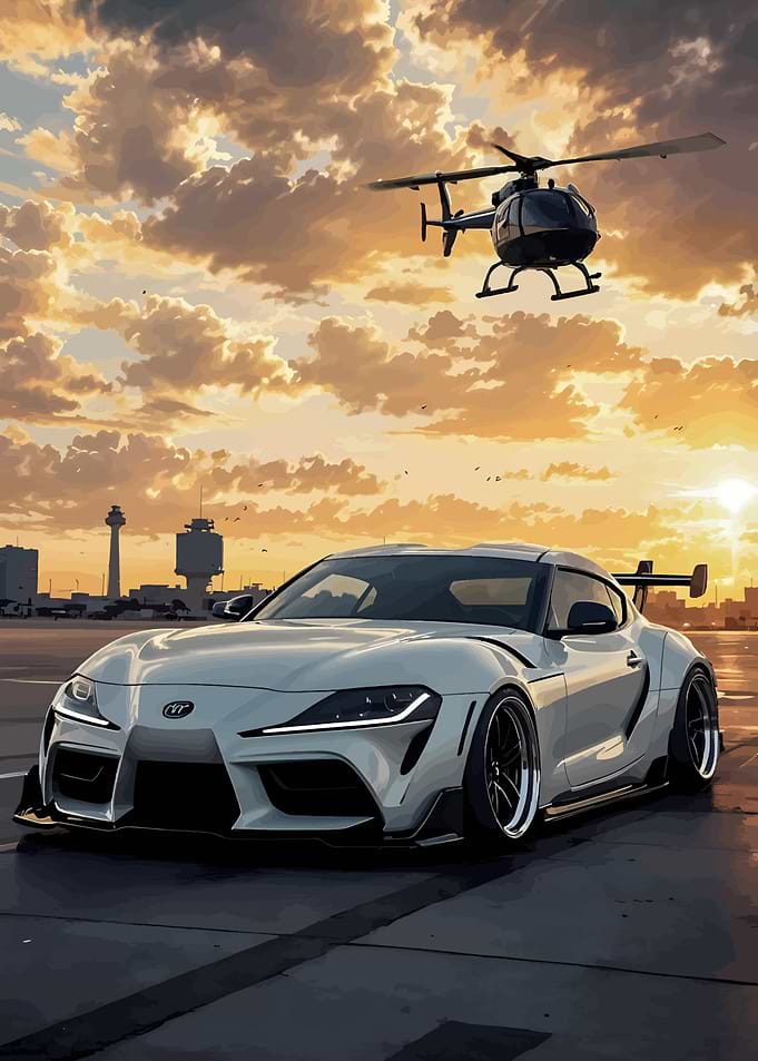 White Supra with Helicopter at Sunset