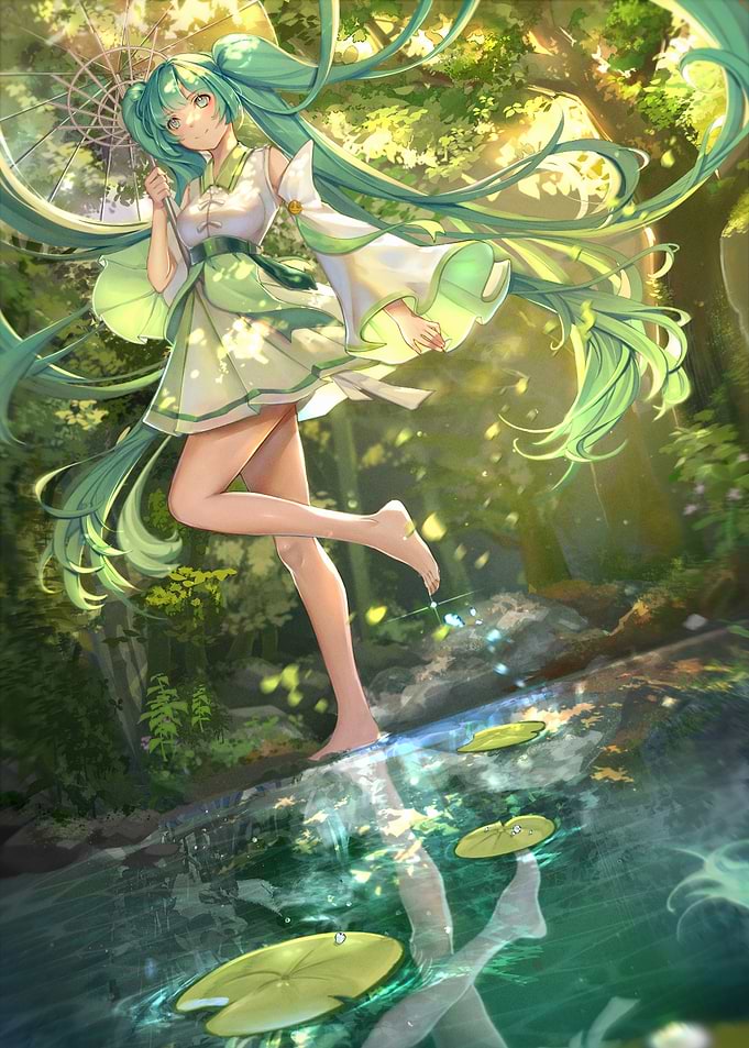 Anime Girl in Forest by Water