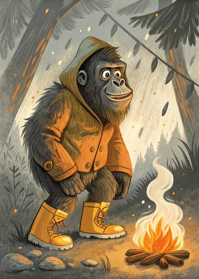 Cartoon Gorilla Camping in the Rain