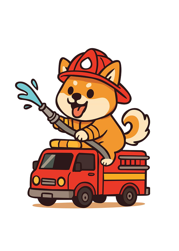Cartoon Shiba Inu Firefighter on Truck