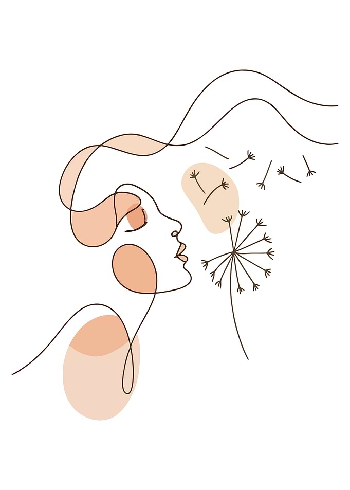 Woman blowing dandelion line art