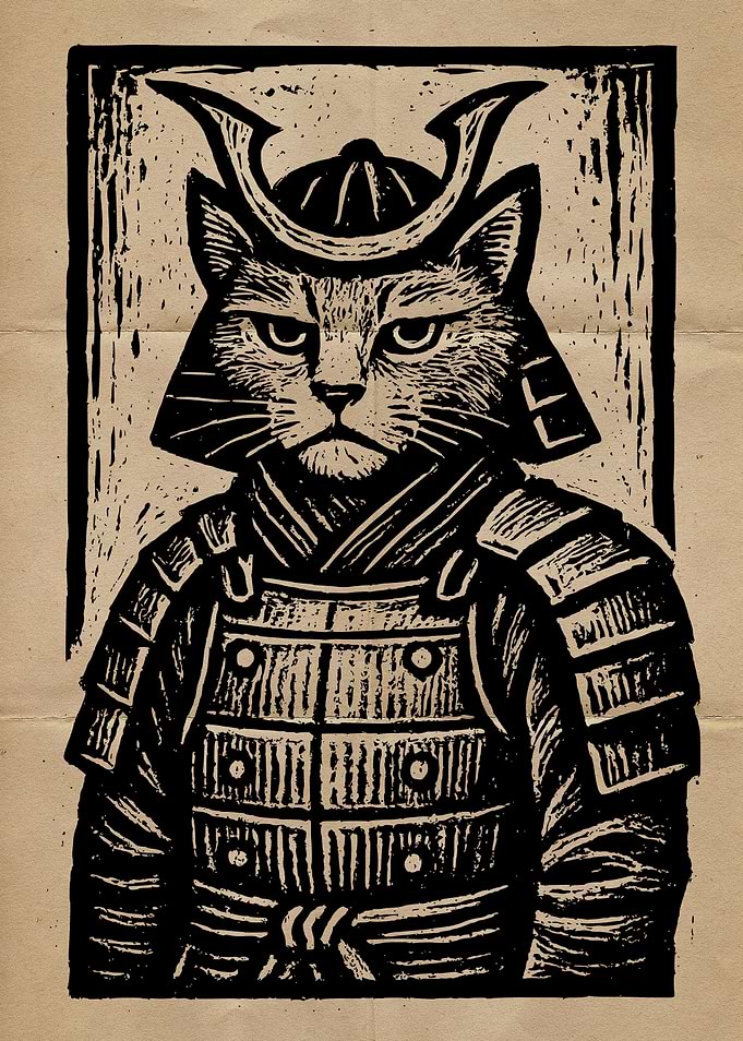 Samurai Cat Woodcut Funny Art