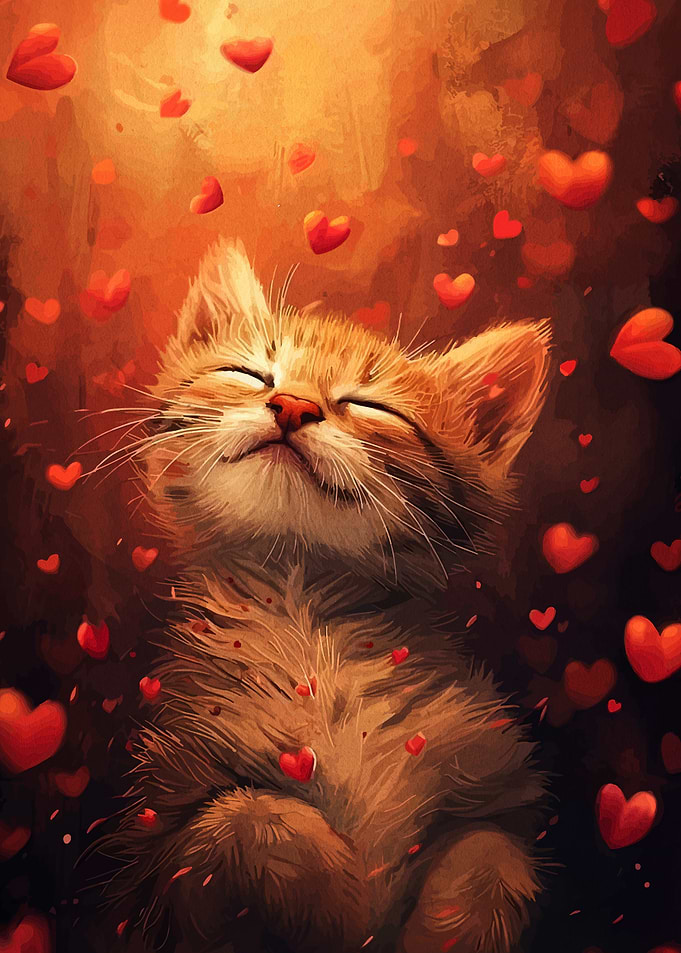 Kitten surrounded by hearts