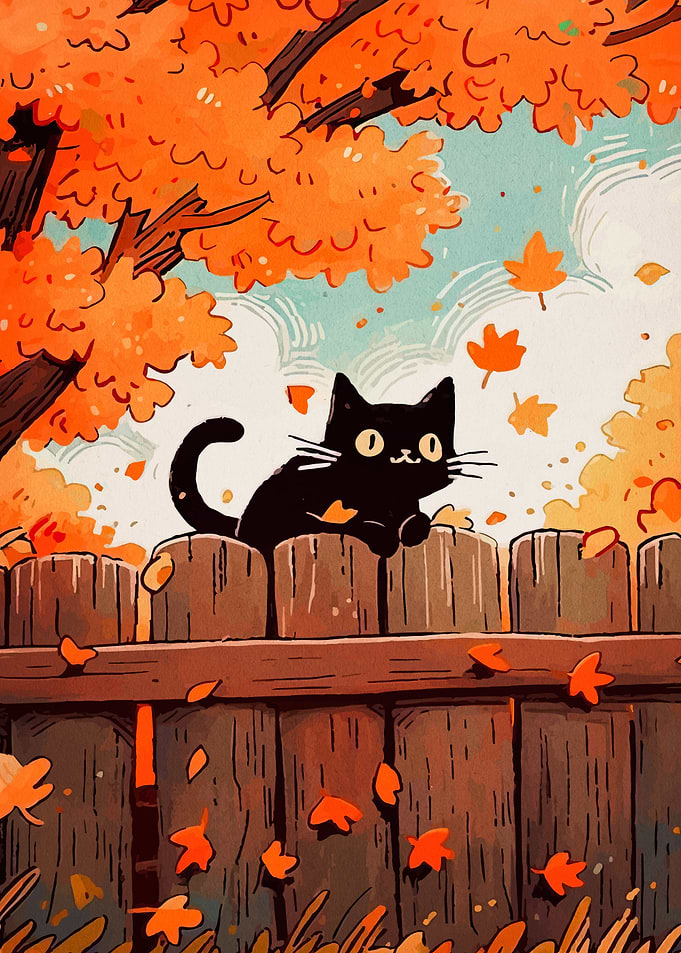 Black cat on fence in autumn