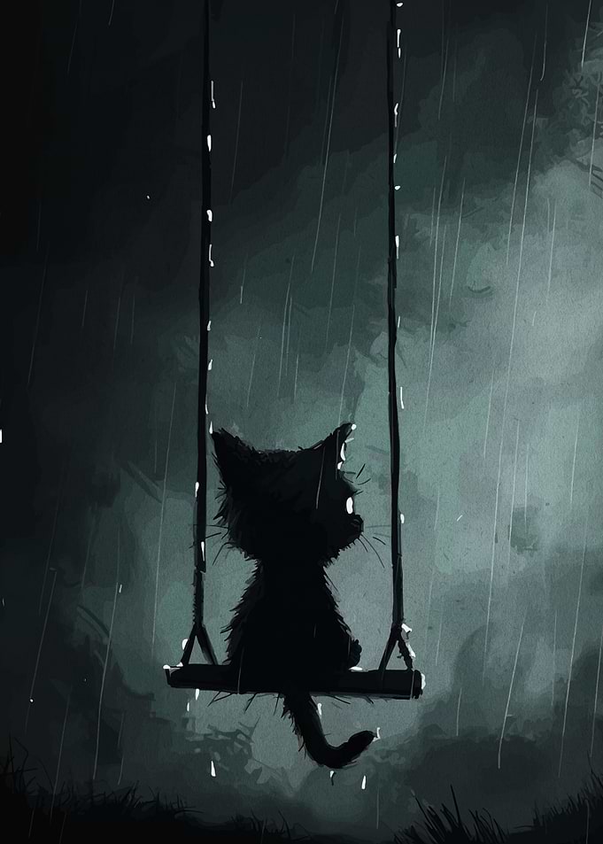 Lonely Cat on Swing in Rain