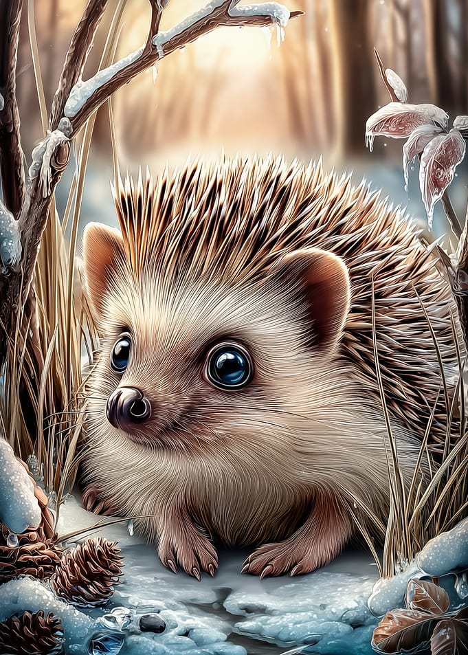 Cute Hedgehog in Winter Scene