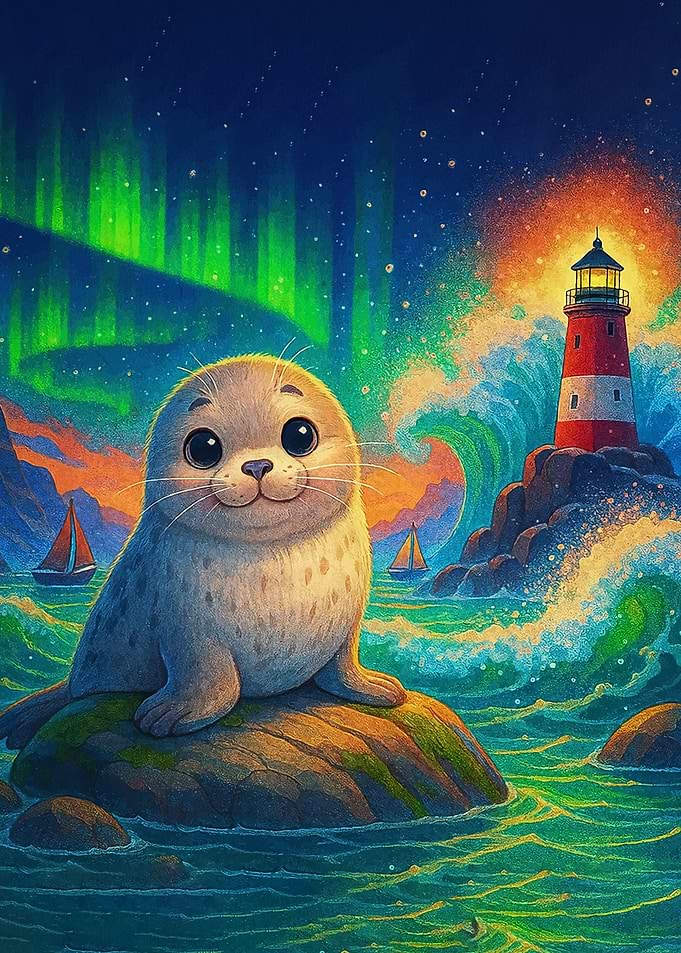 Cute Seal Lighthouse Aurora