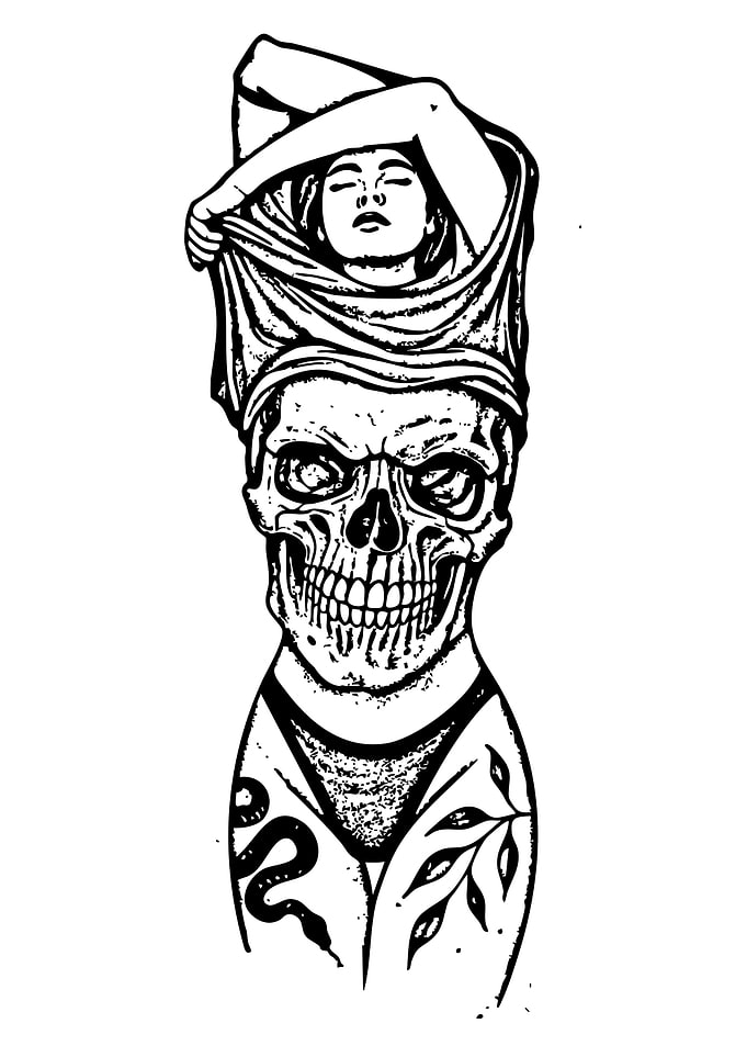 Skull, Woman, and Snake Tattoo Art