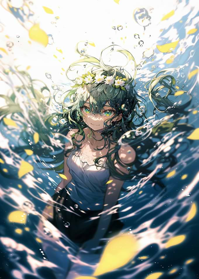 Anime Girl with Flower Crown in Water