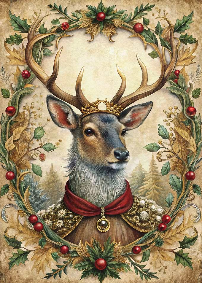 Regal Deer Portrait with Festive Wreath