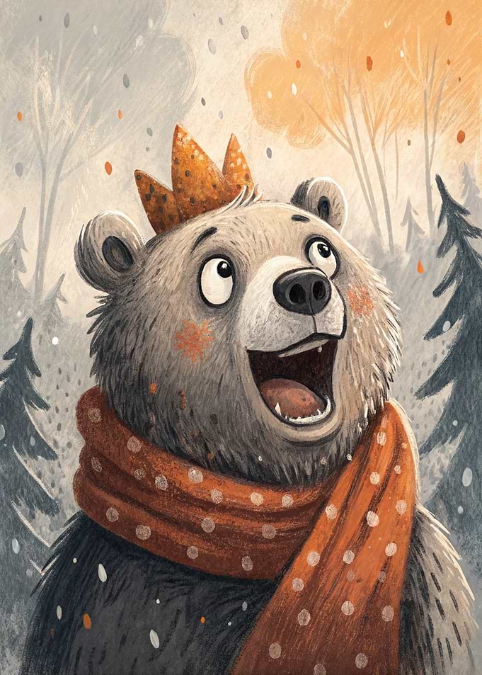 Cartoon Bear with Crown and Scarf
