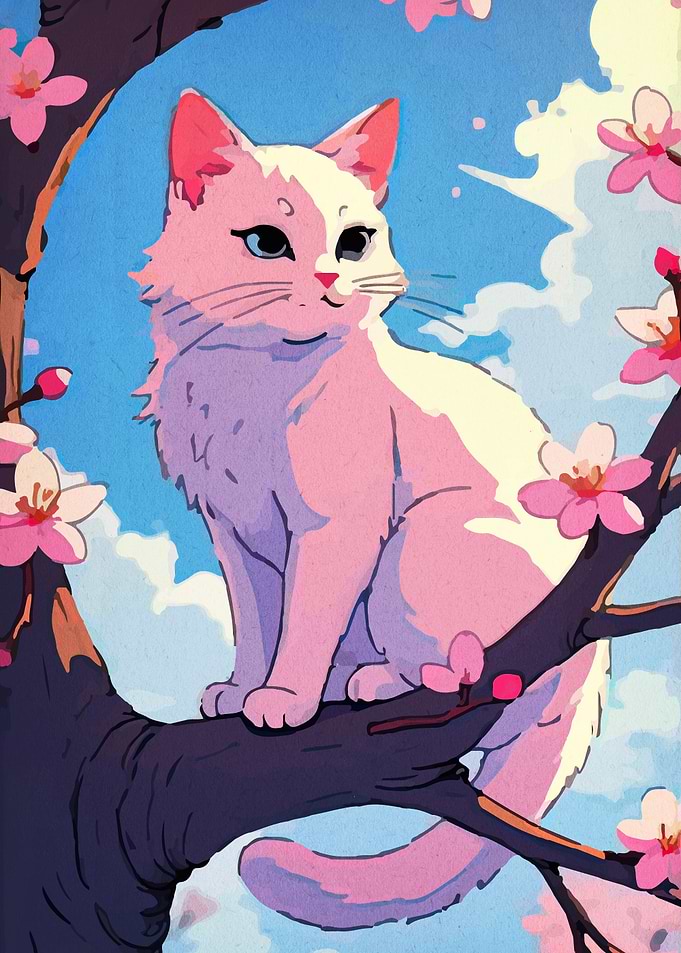 Cat in Cherry Blossom Tree