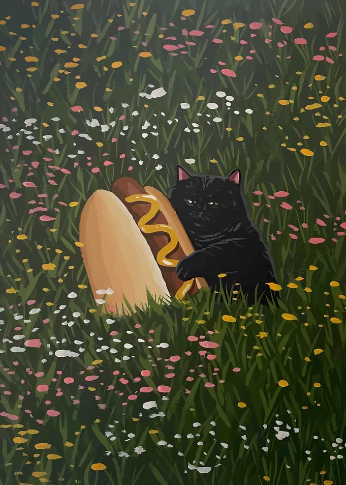 Black Cat with Hotdog in Meadow