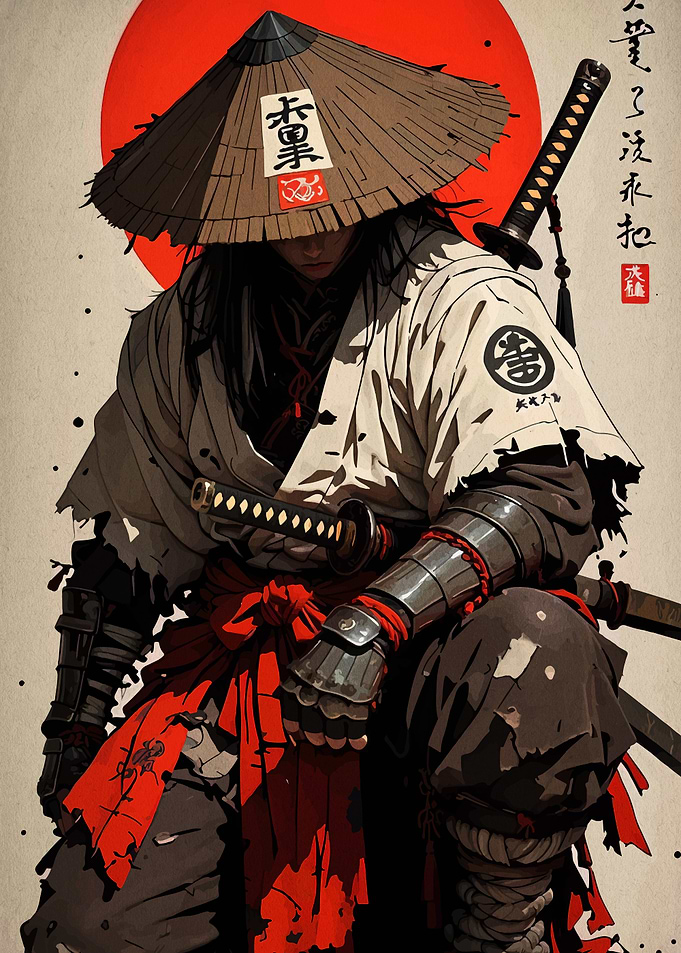 Samurai Warrior with Katana and Straw Hat