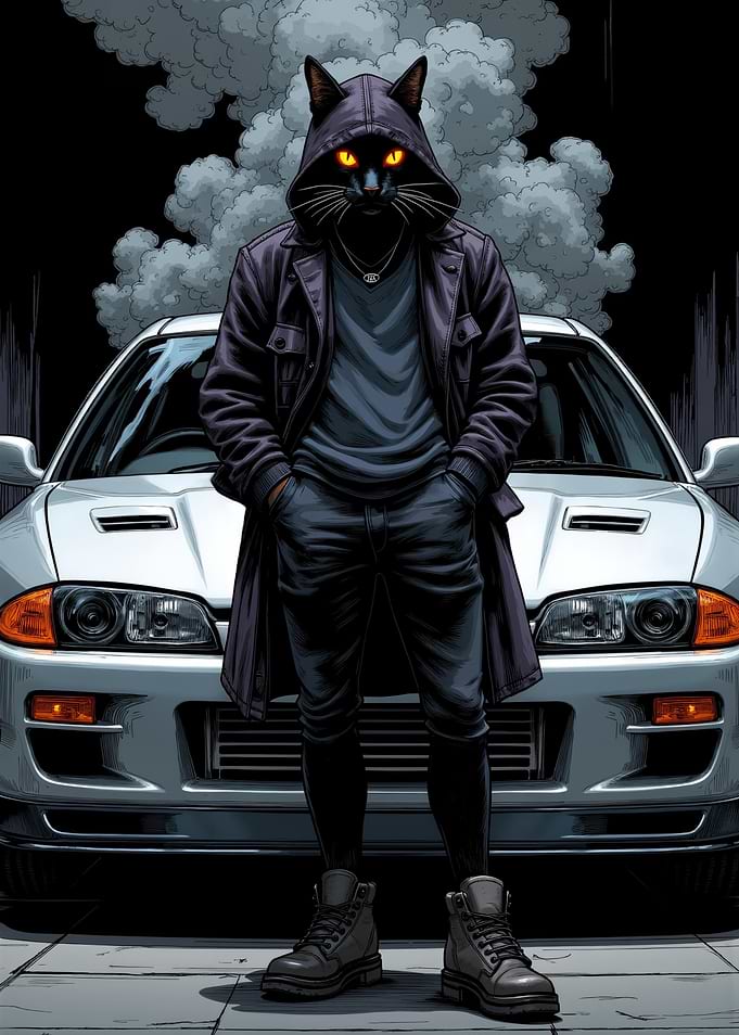 Street Racing Black Cat with a Skyline R34