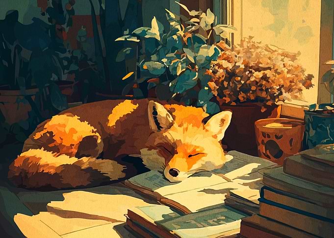 Sleeping Fox on Books by Window