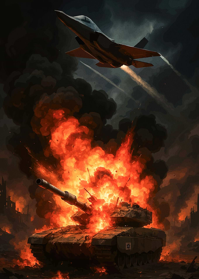 Tank explosion fighter jet overhead