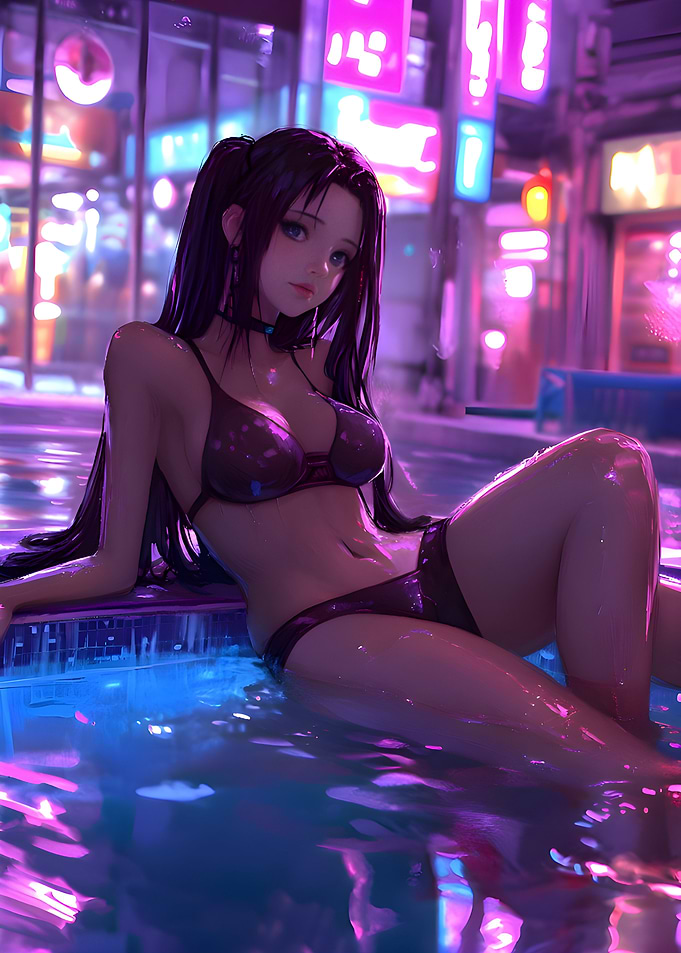 Anime Girl in Neon Pool