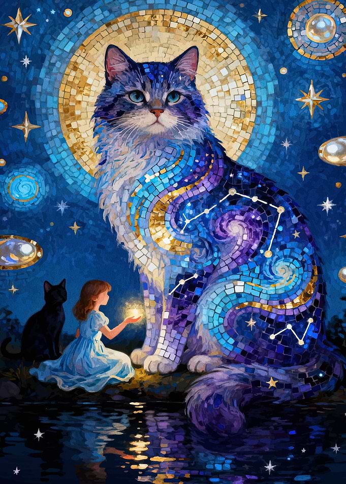Celestial Cat and Girl by Water