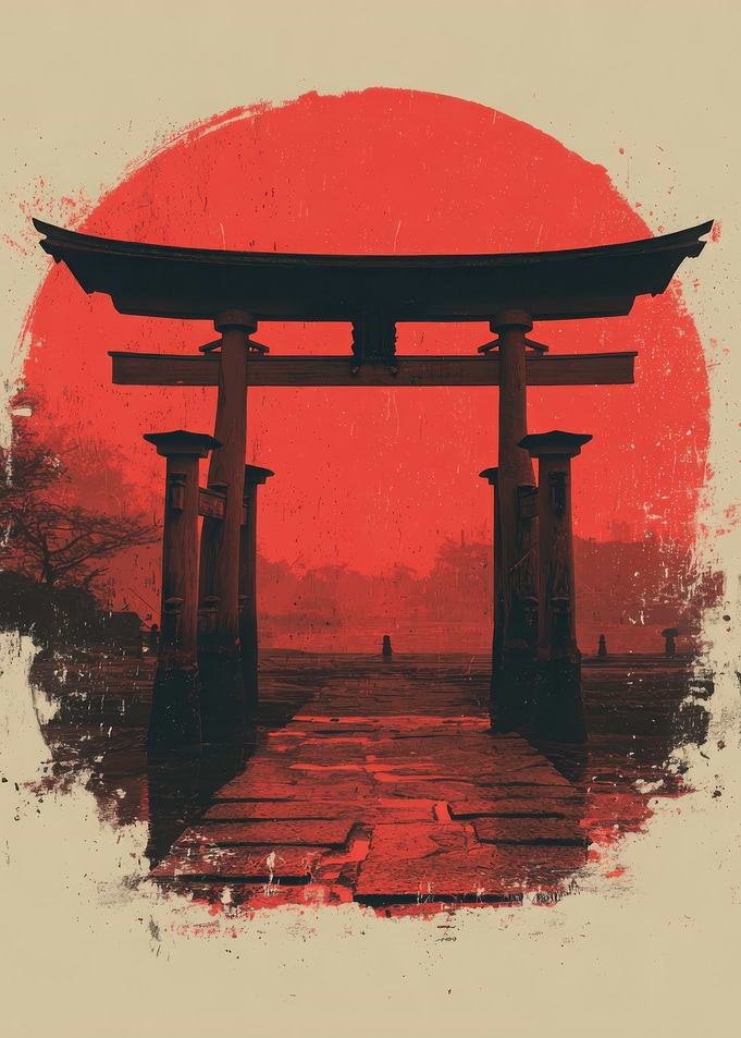 Japanese Torii Gate with Red Sun