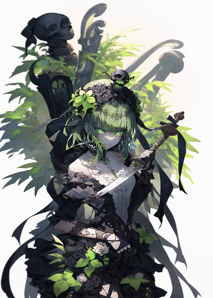 Green-haired girl with sword and skulls