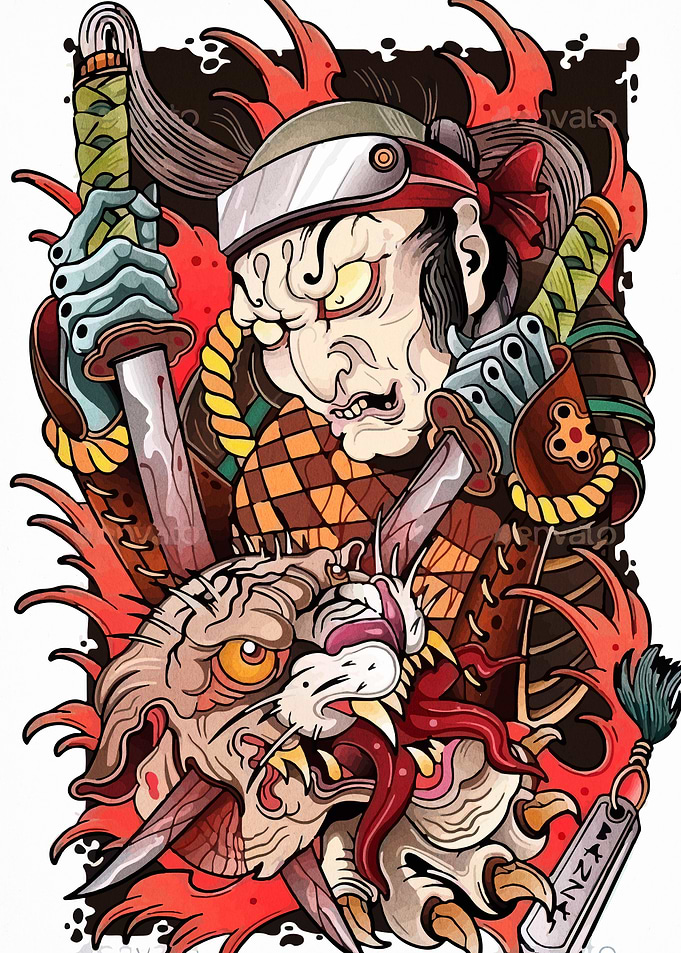 Samurai and Tiger Tattoo Design