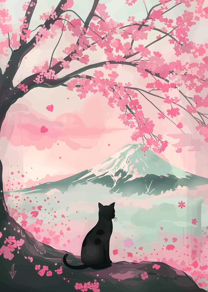 Cat under Cherry Blossom Tree