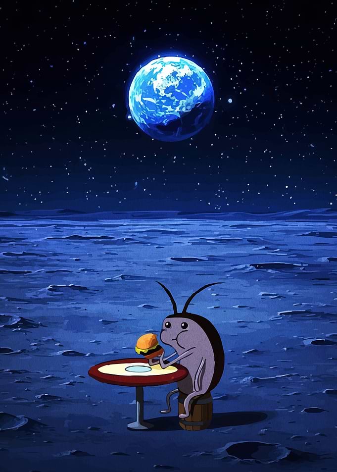 Cockroach eating burger moon