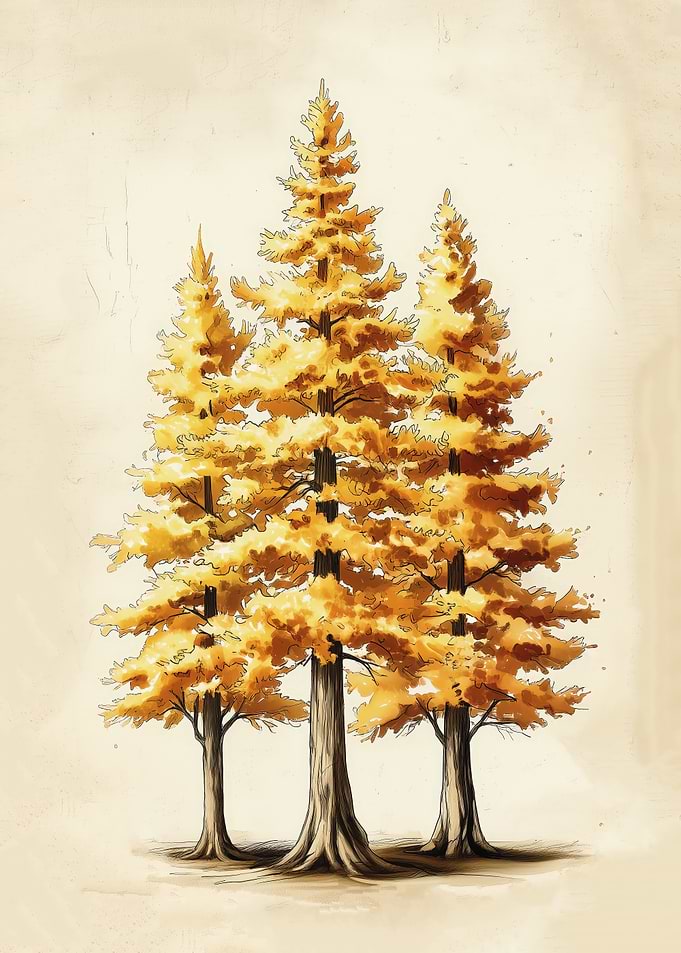 Autumn Larch Grove — Vintage Botanical Watercolor Ink Illustration for Cozy Interiors