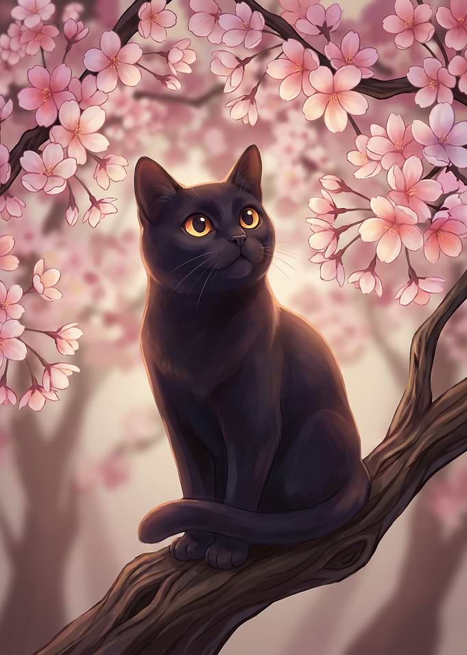 Black cat under cherry blossoms