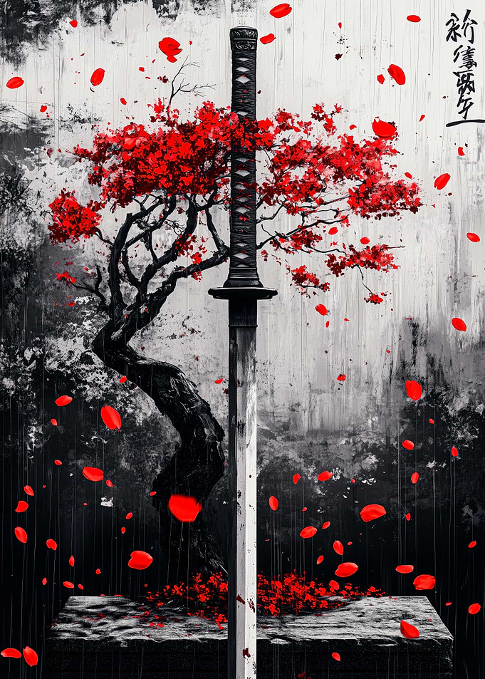 Katana and Cherry Blossoms Art