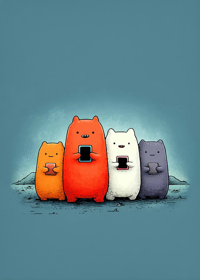 Cartoon Bears Using Smartphones