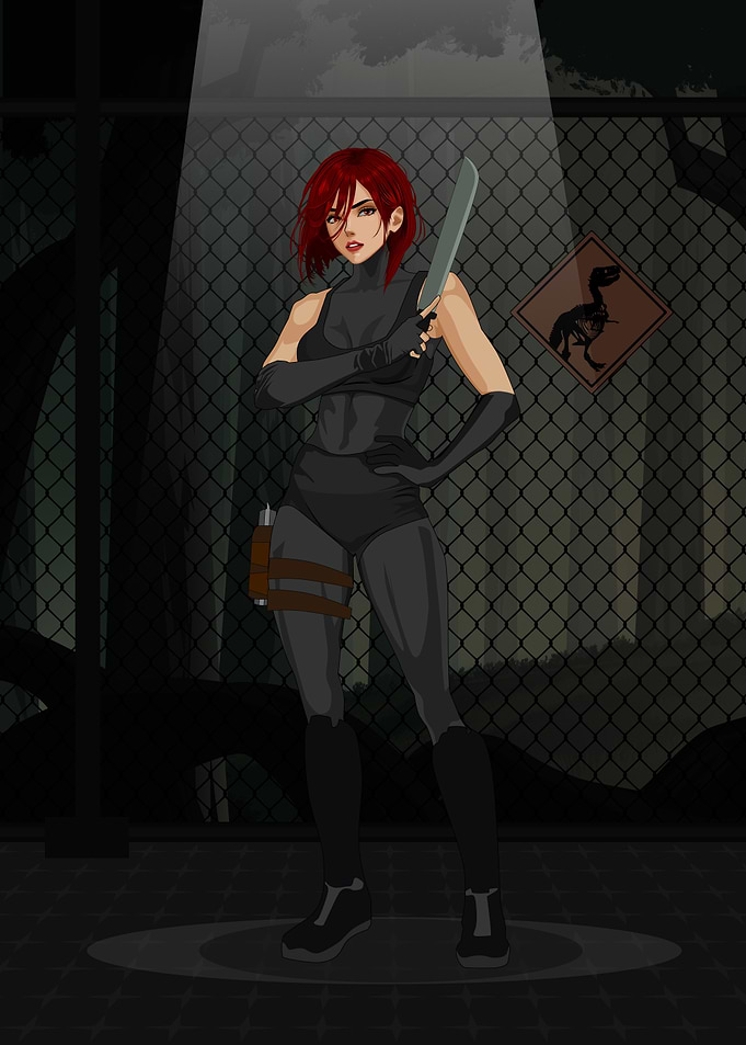 Red-haired woman with machete in alley