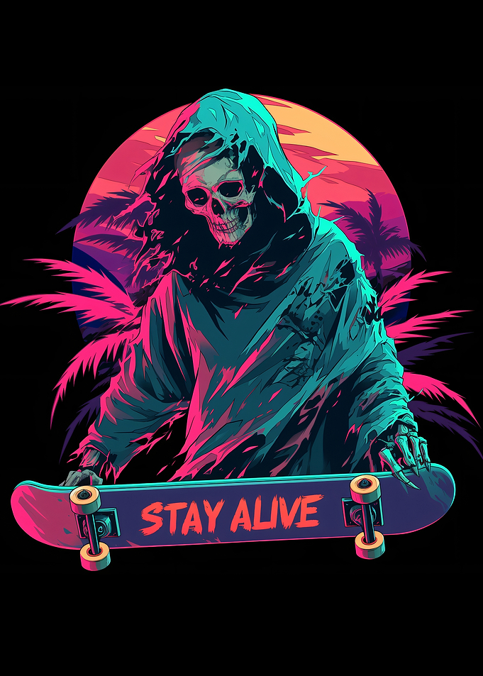 Skateboarding Grim Reaper Neon Art