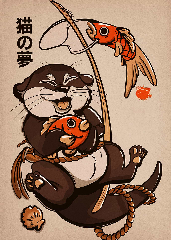 Happy Otter with Fish and Koinobori