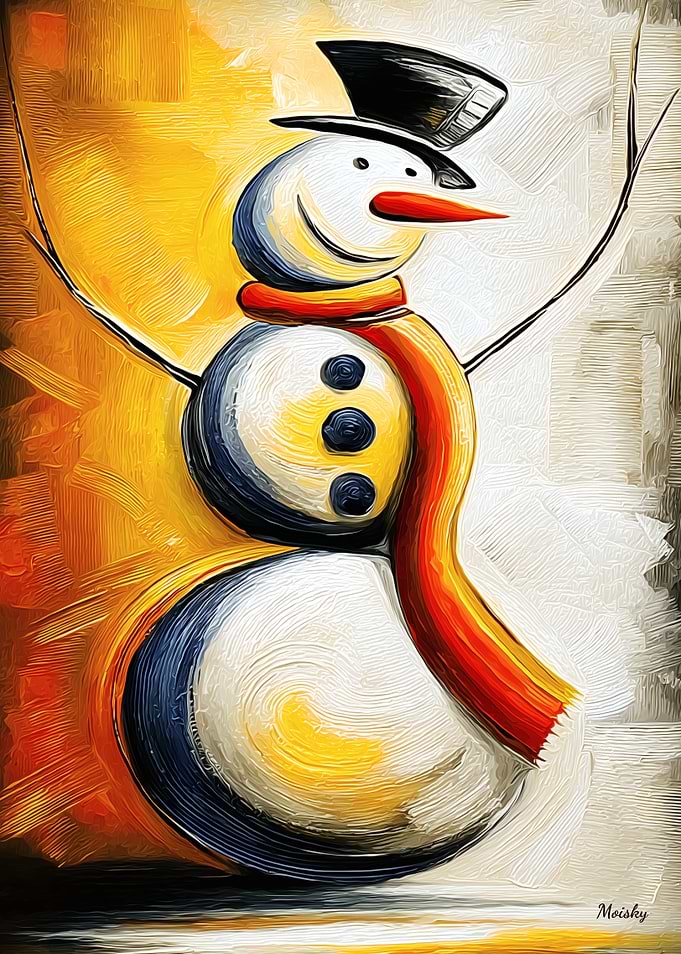 Impasto Christmas Snowman with Warm Brush Textures