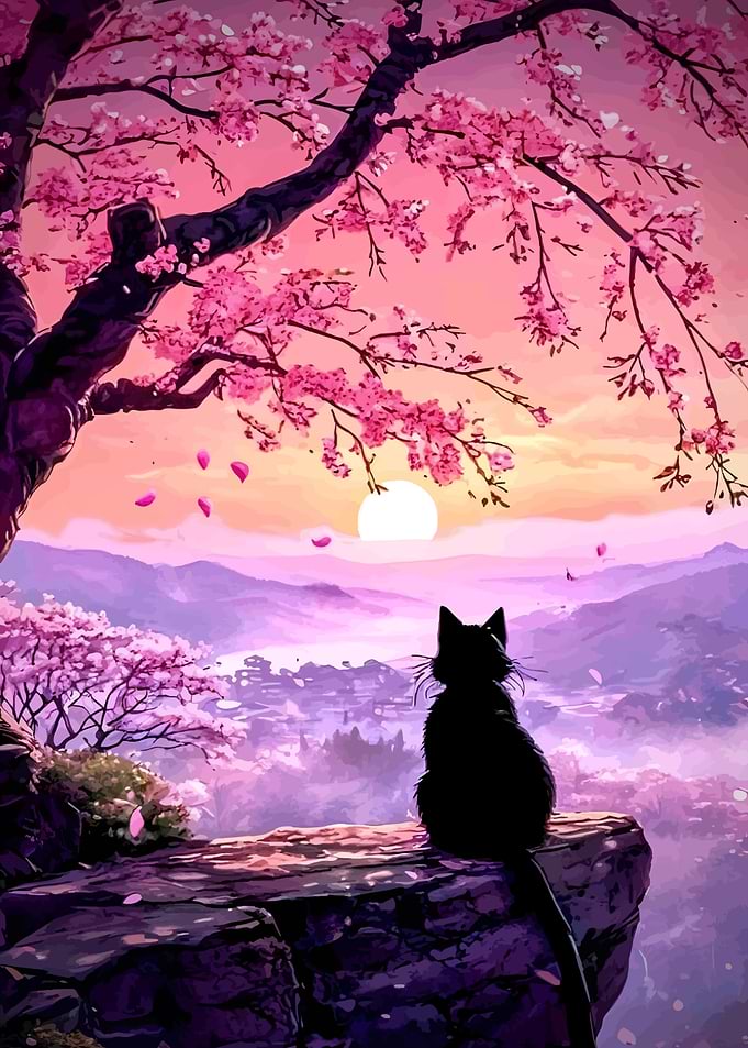 Black Cat Under Cherry Blossom Tree