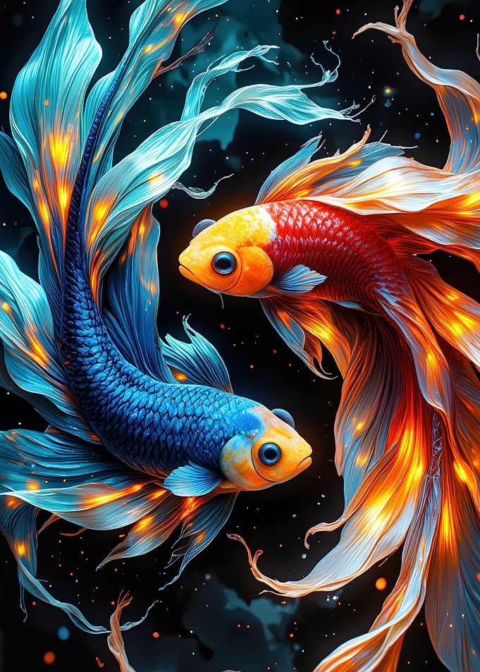 Two Betta Fish in Dark Water