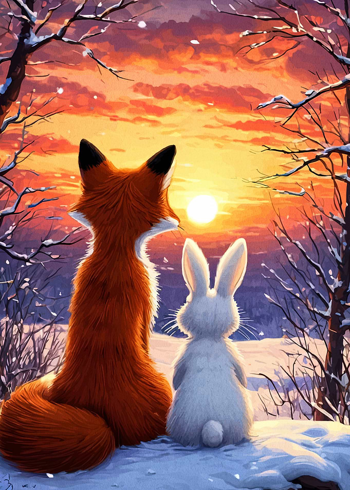 Fox and Rabbit Winter Sunset