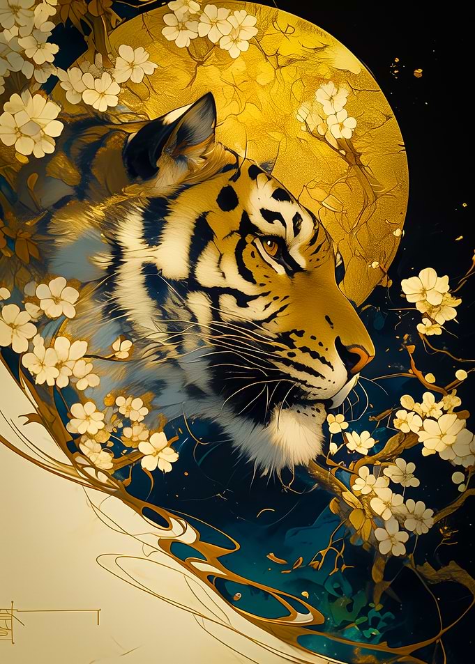 Tiger with Cherry Blossoms and Moon