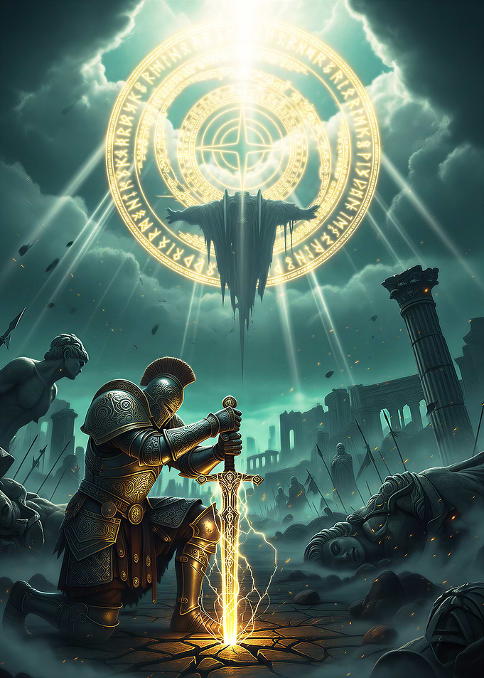 Kneeling Knight with Sword in Ruins