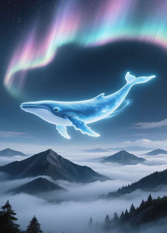 Celestial Whale Over Mountain Landscape
