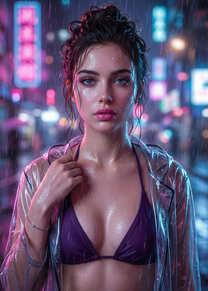 Woman in Rain, Neon Cityscape