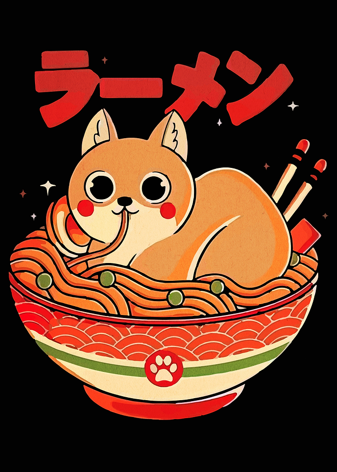 Cute Dog in Ramen Bowl Illustration