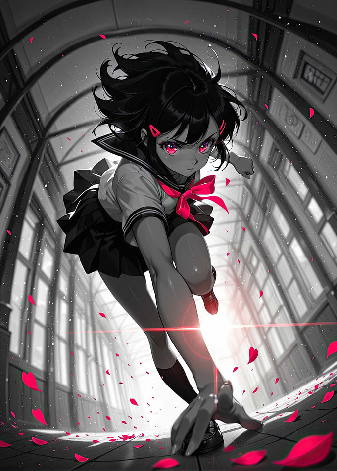 Anime Girl Running in School Hallway