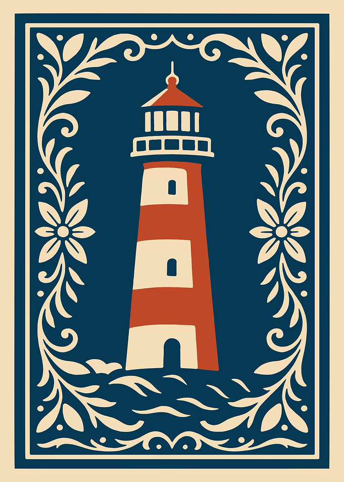 Lighthouse Illustration with Floral Border