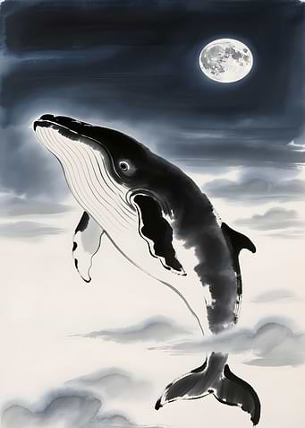 Whale Under Moonlight Ink Painting