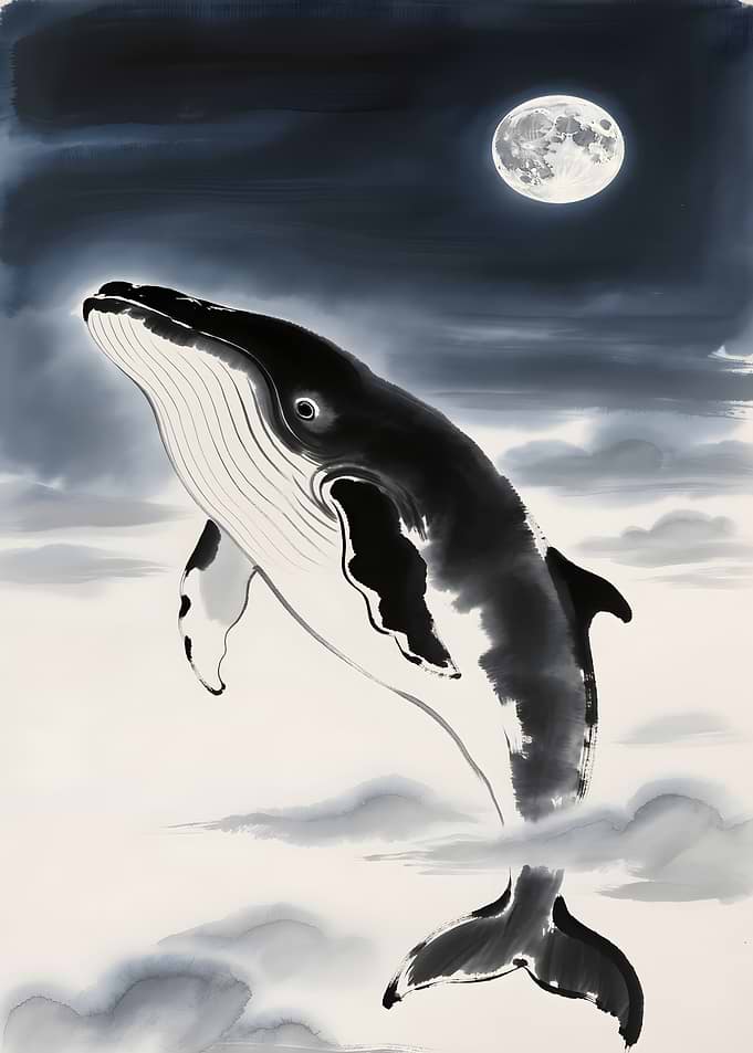 Whale Under Moonlight Ink Painting